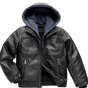 Kids Black Hooded Leather Jacket